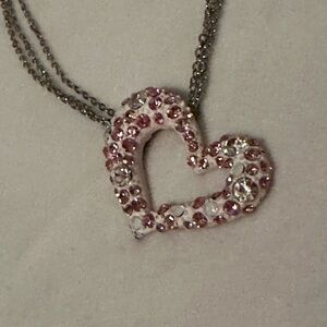 Beautiful pink crystal heart on triple strand silver chain